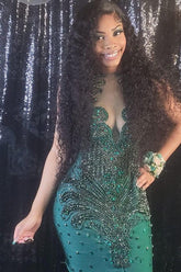 Newest Dark Green Crystal Mermaid Prom Dresses with Beadings